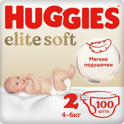 Подгузники Huggies Elite Soft для новорожденных 2 (4-6кг), 100шт.