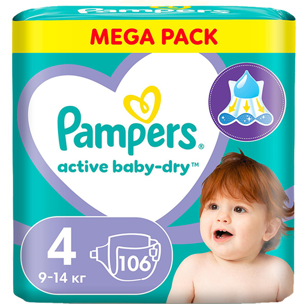 Подгузники Pampers Active Baby-Dry 4 (9-14 кг), 106 шт.
