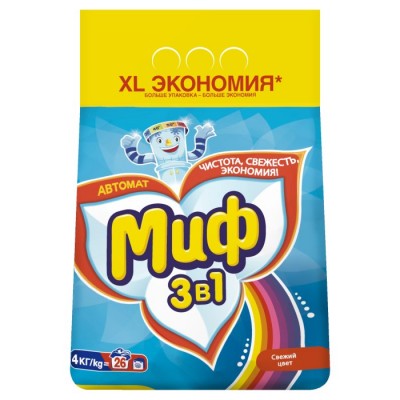 Стиральный порошок Миф автомат 3в1 Свежий цвет, 4кг. 